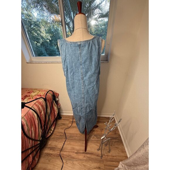 Vtg 90 Denim Jumper Maxi Dress L Front Zipper Pockets Modest Country Teacher Y2K - Picture 11 of 16